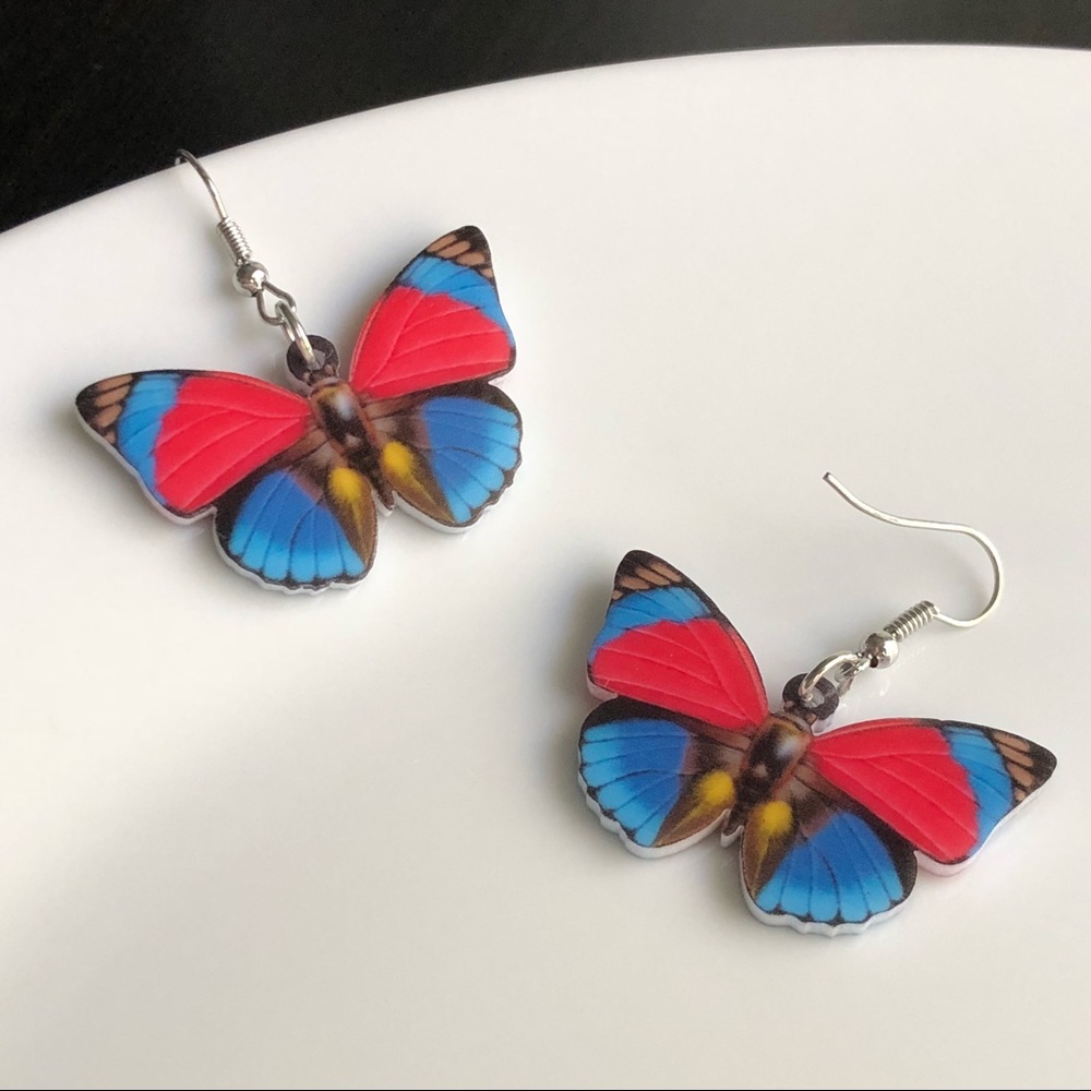 NEW Acrylic Red and Blue Butterfly Earrings - Picture 2 of 6